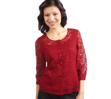 Isaac Mizrahi Live! 3/4 Sleeve Button Front Lace Blouse - A211510