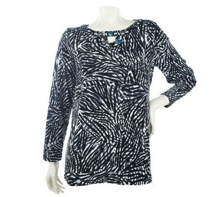 Susan Graver Liquid Knit Printed Keyhole Tunic w/Embellishment - A212710