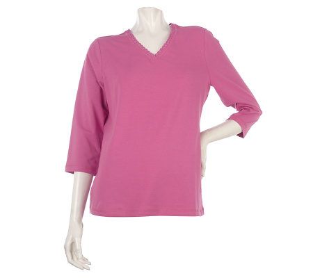 Denim & Co. Essentials 3/4 Sleeve Top with Lace Trim - A215910