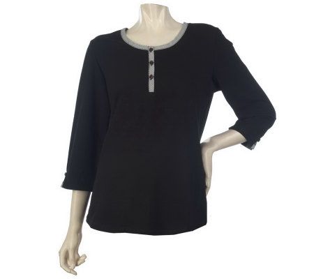 Denim & Co. 3/4 Sleeve Henley with Striped Trim - A216010
