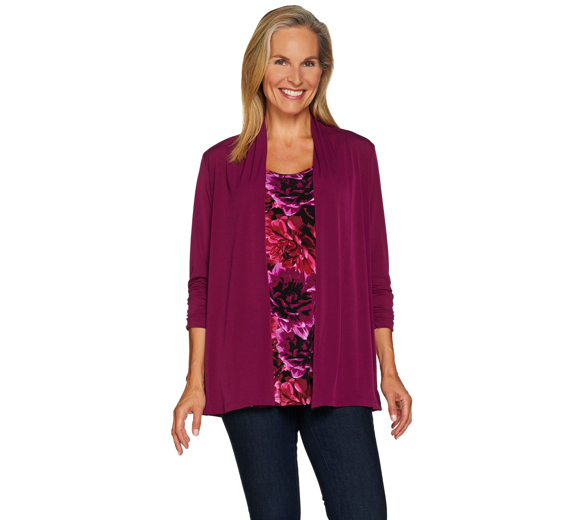 Susan Graver Liquid Knit Roll Tab Sleeve Cardigan & Printed Tank - A225110