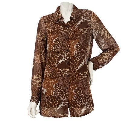 Dennis Basso Mixed Animal & Lace Print Chiffon Blouse with Cami - A227010