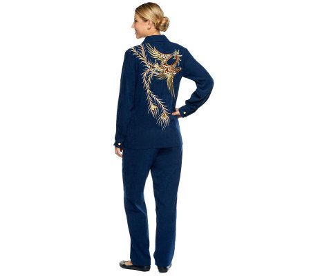 Bob Mackies Phoenix Bird Embroidered Moleskin Pants Set