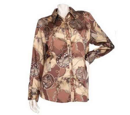 Dennis Basso Stretch Satin Button Front Blouse with Side Slits - A95810