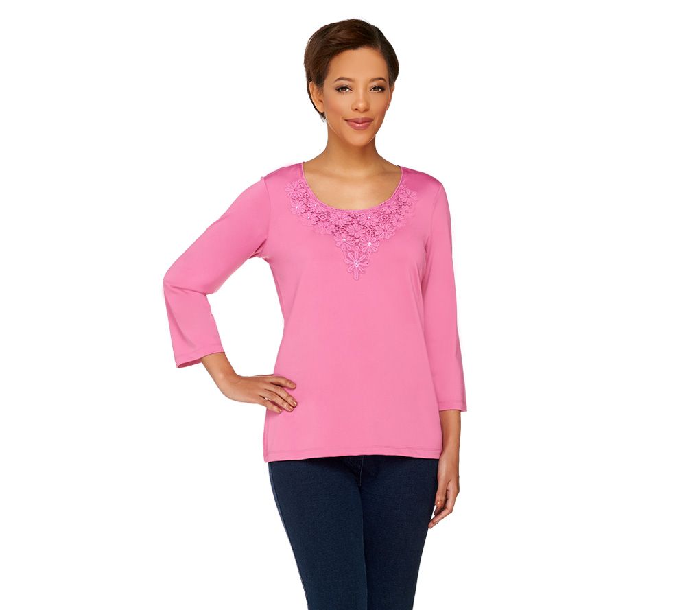 Susan Graver Butterknit Scoop Neck Top w/Lace Applique and 3/4 Sleeves - A212711