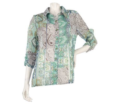 Susan Graver Cotton Voile Printed Blouse with Drawstring Waist Detail - A215111