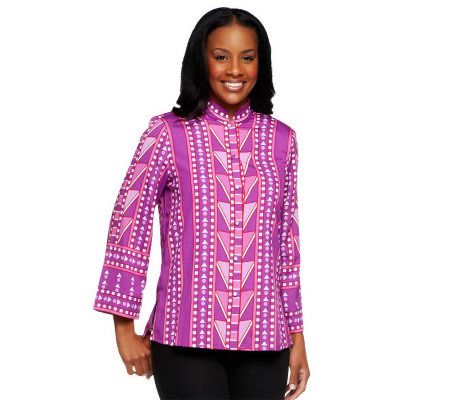 Bob Mackies Mandarin Collar Marquetry Print Button Front Blouse - A226911