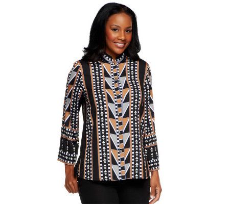 Bob Mackies Mandarin Collar Marquetry Print Button Front Blouse - A226911
