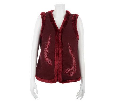 Denim & Co. Faux Suede Vest with Faux Fur & Feather Detail Embroidery - A228211