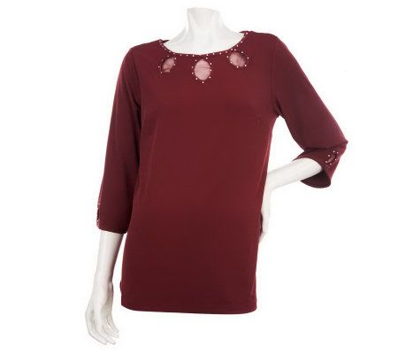 Quacker Factory DreamKnit Sparkle Keyhole 3/4 Sleeve Top - A229311