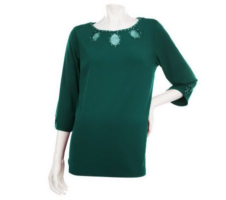 Quacker Factory DreamKnit Sparkle Keyhole 3/4 Sleeve Top - A229311