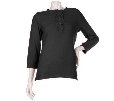 As Is Denim & Co. 3/4 Sleeve Henley with Ruffle Detail - A236411