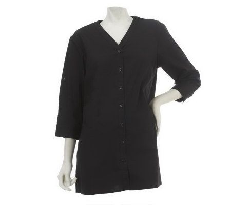 As Is Denim & Co. 3/4 Sleeve Roll Tab Button Down Big Shirt Tunic - A236511