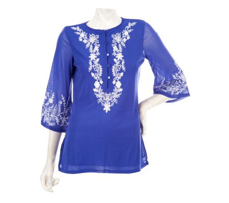 Susan Graver Embroidered Henley Tunic w/ Flared Sleeves - A79711