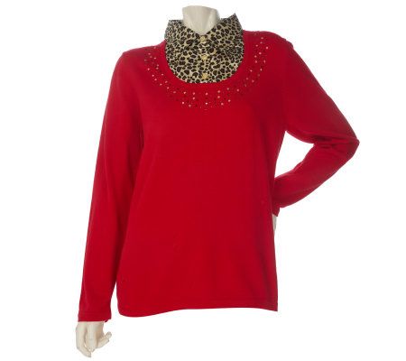 Quacker Factory Long Sleeve Duet Sweater w/ Animal Print Satin Inset - A202612