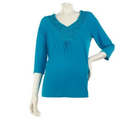Susan Graver Liquid Knit V-neck Top with Floral Embellishment - A212712