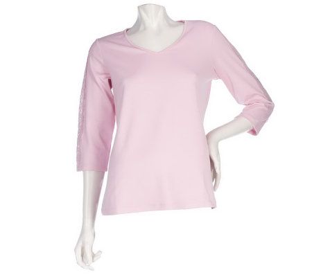 Susan Graver Butterknit V-neck Top with Lace Sleeve Detail - A215712