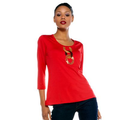 Susan Graver Butterknit 3/4 Sleeve Top with Scoop Neck & Beaded Detail - A220412