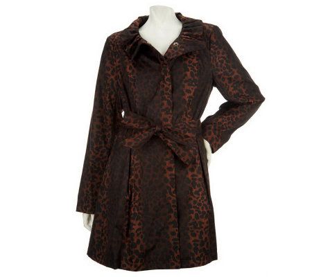 Dennis Basso Water Resistant Leopard Print Ruffle Collar Trench Coat - A227012