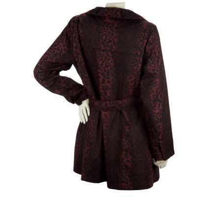 Dennis Basso Water Resistant Leopard Print Ruffle Collar Trench Coat