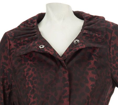 Dennis Basso Water Resistant Leopard Print Ruffle Collar Trench Coat