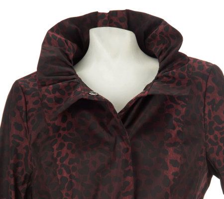 Dennis Basso Water Resistant Leopard Print Ruffle Collar Trench Coat