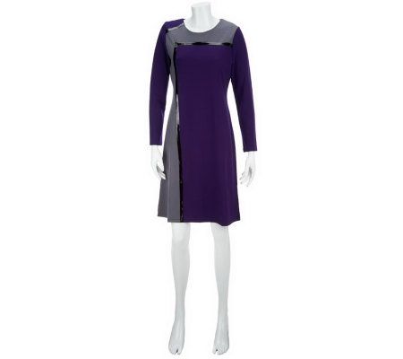 Dennis Basso Colorblock Long Sleeve Dress w/Faux Patent Trim - A227412