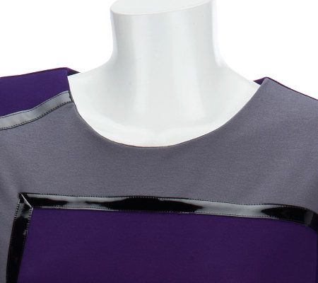 Dennis Basso Colorblock Long Sleeve Dress w/Faux Patent Trim