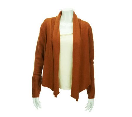 LOGO by Lori Goldstein Cardigan with Gathering and Rib Knit Detail - A228512