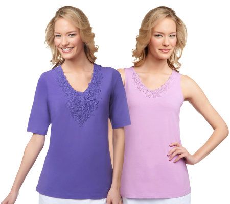 Susan Graver Set of 2 Stretch Cotton Knit Tops w/ Crochet Trim