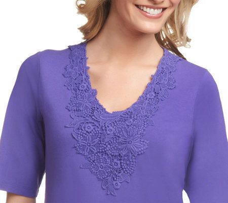 Susan Graver Set of 2 Stretch Cotton Knit Tops w/ Crochet Trim