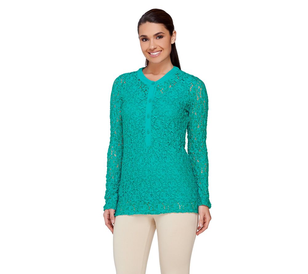 Susan Graver Solid Cotton Nylon Stretch Lace Button Front Top - A232812