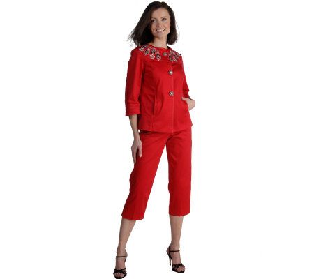 Bob Mackies Embellished Swing Jacket & Cropped Pants Set