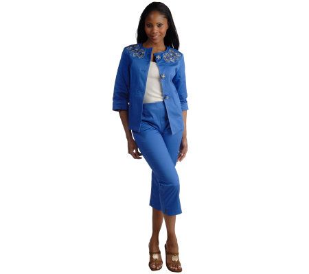 Bob Mackies Embellished Swing Jacket & Cropped Pants Set