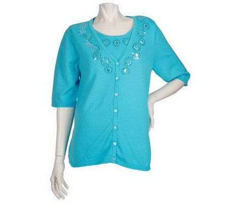 Quacker Factory Elbow Sleeve Duet V-neckTop w/Sequin & Bead Embellishment - A200013