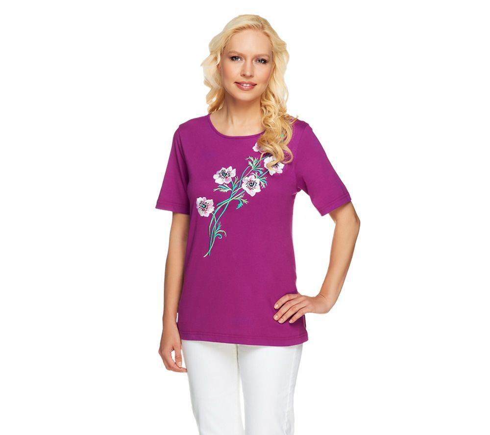 Bob Mackies Floral Embroidered Knit T-Shirt - A201313