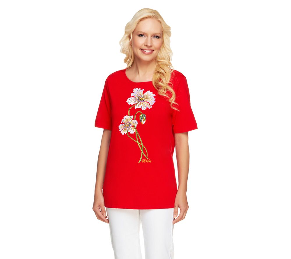 Bob Mackies Floral Embroidered Knit T-Shirt - A201313