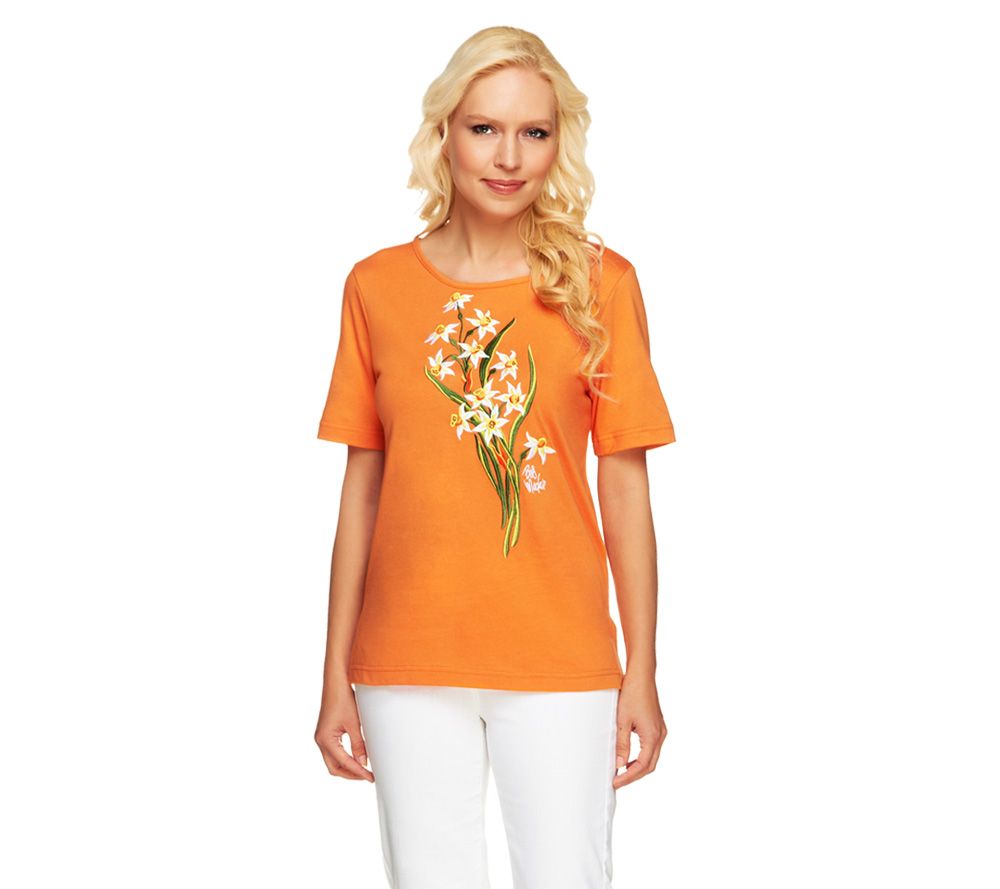 Bob Mackies Floral Embroidered Knit T-Shirt - A201313