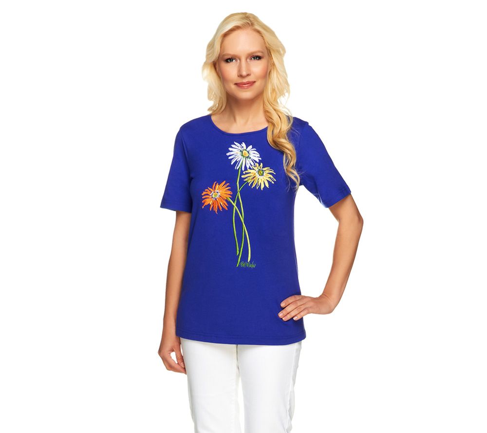 Bob Mackies Floral Embroidered Knit T-Shirt - A201313
