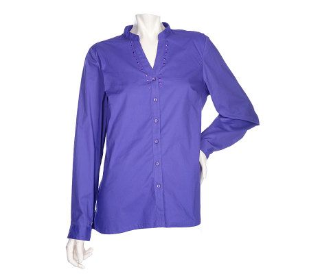 Denim & Co. Solid Stretch Woven Shirt w/ Stud Detail - A203613