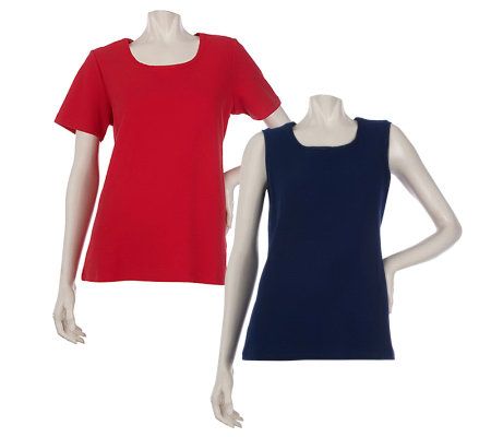 Denim & Co. Set of Short Sleeve T-shirt & Tank with Lace Trim - A214313