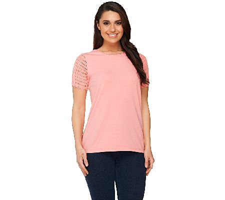 Denim & Co. Short Sleeve T-shirt with Crochet Sleeves and Trim - A214613