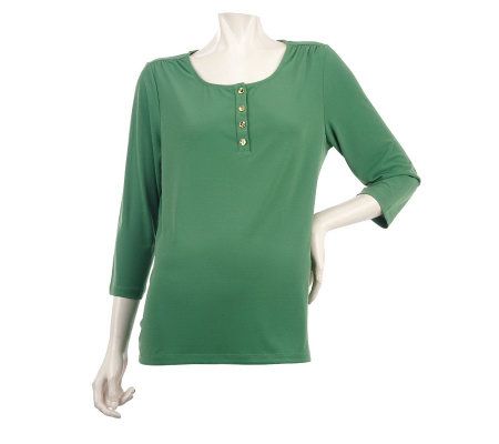 Susan Graver Liquid Knit Henley Top with 3/4 Sleeves & Button Placket - A220413