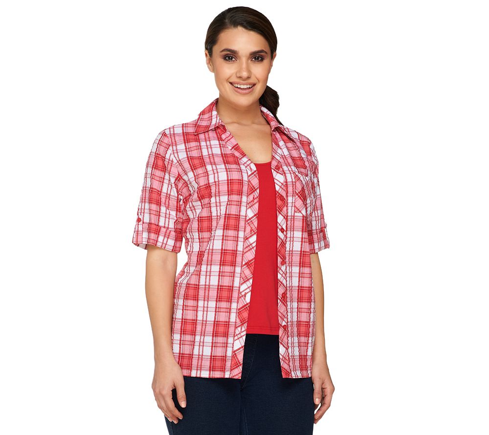 Denim & Co. Short Sleeve Duet Plaid Shirt with Knit Inset - A222213