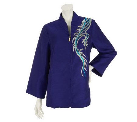 Bob Mackies Embroidered Dragon Motif Zip Front Shirt - A222713
