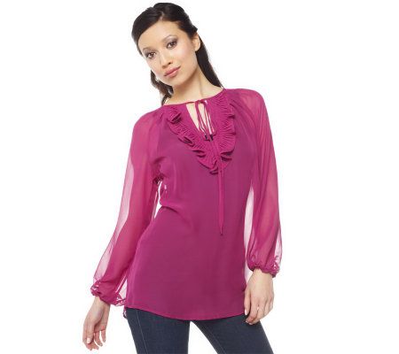 Kris Jenner Kollection Sheer Blouse with Ruffle & Pleat Detail - A222813