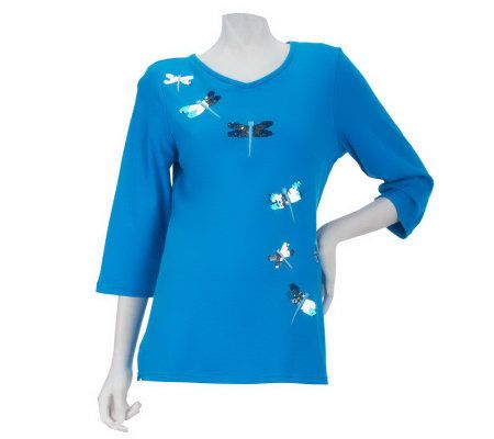 Quacker Factory DragonflyWishes 3/4 Sleeve Sequin Sparkle T-shirt - A224413