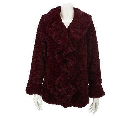 Dennis Basso Rose Sculpted Faux Fur Coat w/Ruffle Collar and Placket - A227413