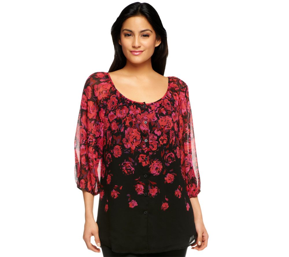 Isaac Mizrahi Live! 3/4 Sleeve Russian Rose Print Blouse - A228513