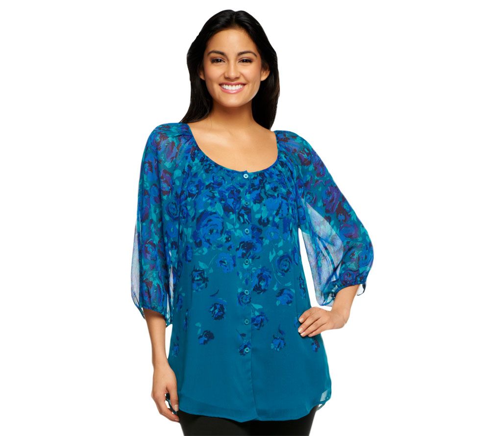 Isaac Mizrahi Live! 3/4 Sleeve Russian Rose Print Blouse - A228513